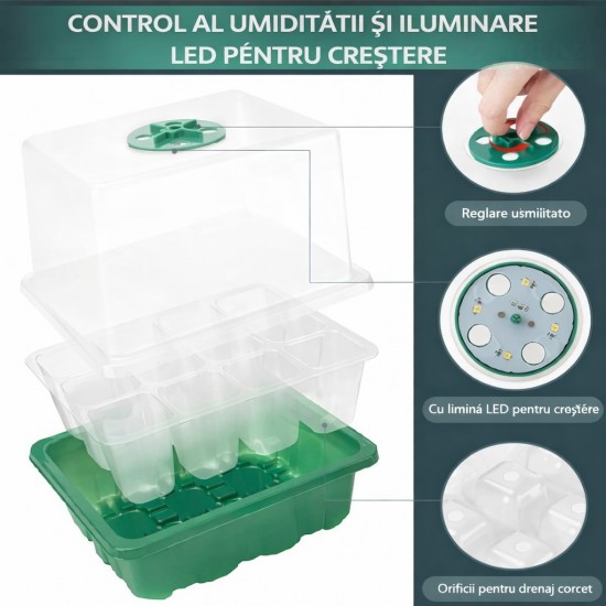 Mini-sera cu iluminare pentru 12 rasaduri – 18,5 x 15 x 14 cm, set 5 bucati